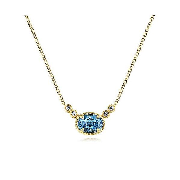 14kt YG O1.78ct Oval Swiss Blue Topaz and Diamond Necklace The Ring Austin Round Rock, TX