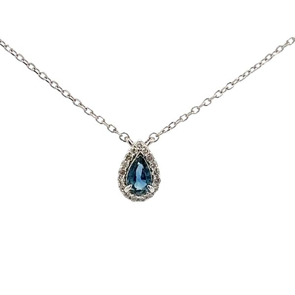 14K White Gold Blue Sapphire Pear Mined Diamond Halo Necklace The Ring Austin Round Rock, TX