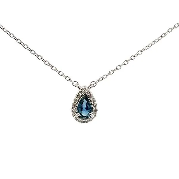 1/3CTW 14K WG Natural Blue Sapphire Pear And Diamond Halo Stationary Pendant Necklace The Ring Austin Round Rock, TX