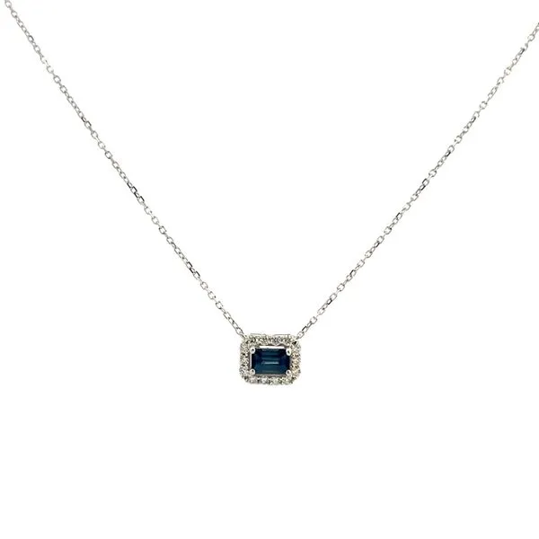1/2CTW 14K White Gold Natural Emerald Cut Blue Sapphire And Diamond Halo Stationary Pendant Necklace On A 0.70mm Diamond Cut Cable Chain Necklace Image 3 The Ring Austin Round Rock, TX