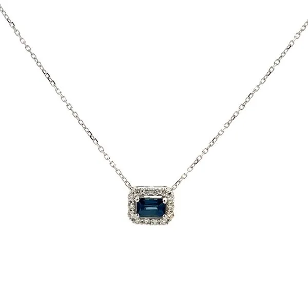 1/2CTW 14K White Gold Natural Emerald Cut Blue Sapphire And Diamond Halo Stationary Pendant Necklace On A 0.70mm Diamond Cut Cable Chain Necklace The Ring Austin Round Rock, TX