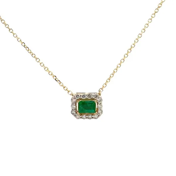 1/3CTW 14K Yellow Gold Natural Emerald Cut Emerald Diamond Halo Stationary Pendant Necklace On Diamond Cut Cable Chain Necklace The Ring Austin Round Rock, TX