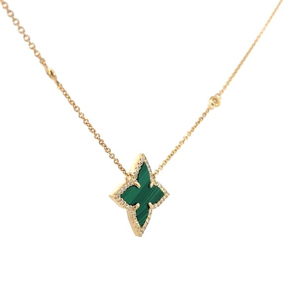 1/5CTW 14K YG Malachite Leaf Motif With Natural Diamond Halo With Accented Bezel Stones on Chain Stationary Pendant Necklace Image 2 The Ring Austin Round Rock, TX