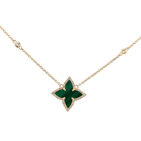 1/5CTW 14K YG Malachite Leaf Motif With Natural Diamond Halo With Accented Bezel Stones on Chain Stationary Pendant Necklace Image 3 The Ring Austin Round Rock, TX