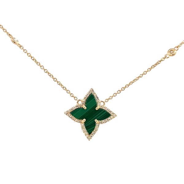1/5CTW 14K YG Malachite Leaf Motif With Natural Diamond Halo With Accented Bezel Stones on Chain Stationary Pendant Necklace The Ring Austin Round Rock, TX