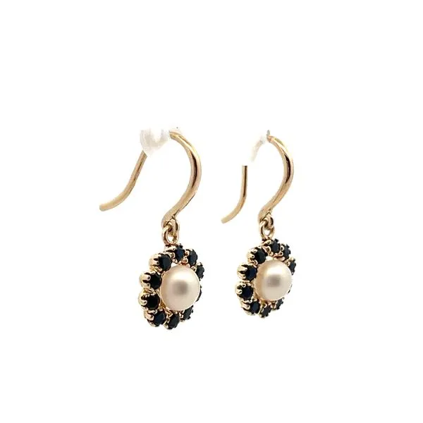 1/10CTW 14K YG Blue Sapphire Halo Pearl Dangle With Heavy S-Hook Earrings Image 2 The Ring Austin Round Rock, TX