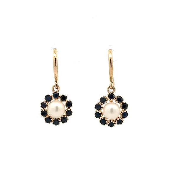 1/10CTW 14K YG Blue Sapphire Halo Pearl Dangle With Heavy S-Hook Earrings Image 3 The Ring Austin Round Rock, TX