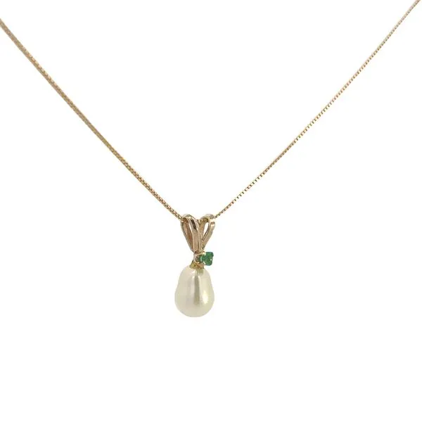 14K YG Pearl Pendant With Accented Natural Emerald Box Chain With Spring Ring Clasp Image 2 The Ring Austin Round Rock, TX