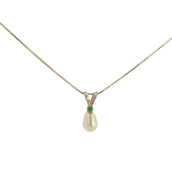 14K YG Pearl Pendant With Accented Natural Emerald Box Chain With Spring Ring Clasp The Ring Austin Round Rock, TX