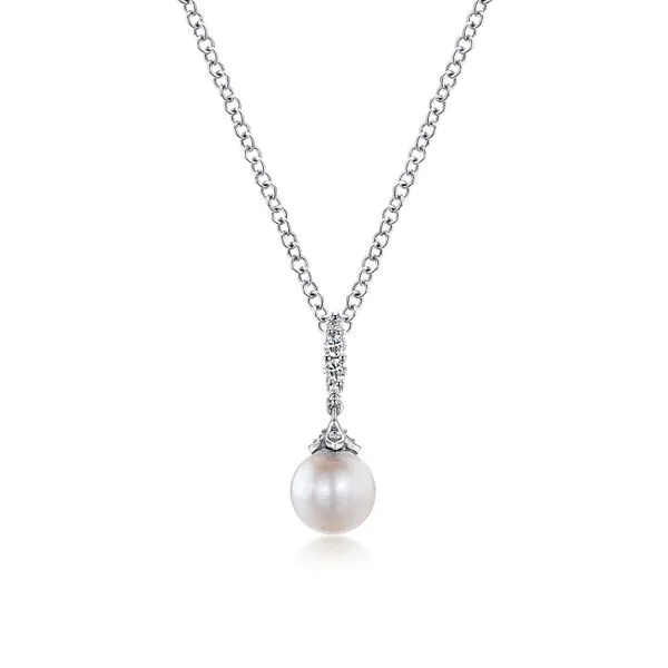 1/6CTW 14K White Gold Cultured Pearl 8mm and Diamond Drop Pendant Necklace The Ring Austin Round Rock, TX