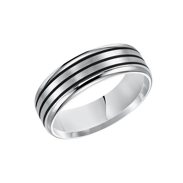 14K WG Flat Top Flat Edge Carved Wedding Band with black lines and satin finish The Ring Austin Round Rock, TX