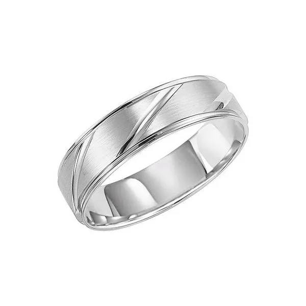 14K WG Flat Round Edge Satin Finish With Modern, Diagonal Cuts Wedding Band The Ring Austin Round Rock, TX