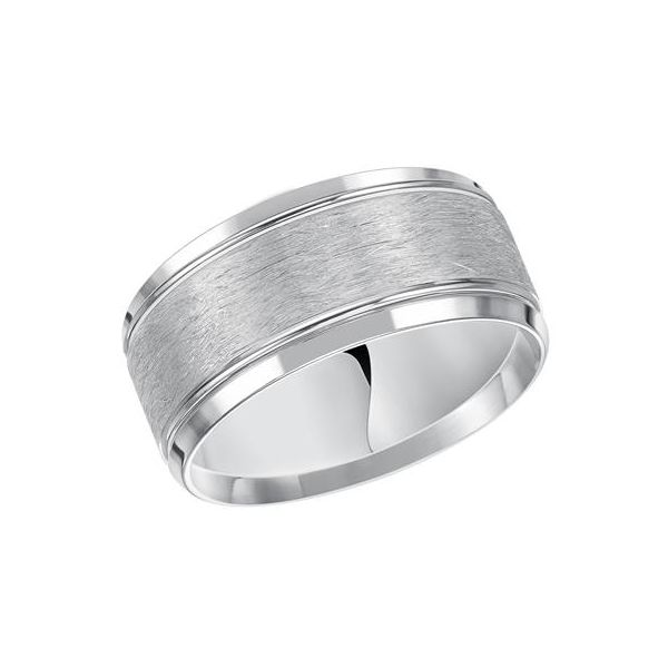14K WG Flat Bevel Edge Carved Wedding Band With Wire Brushed Center Finish With 10mm The Ring Austin Round Rock, TX