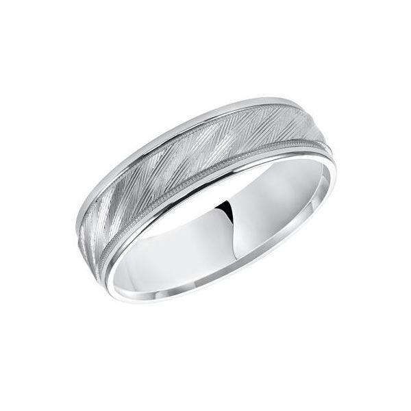 14K WG Crosscut Flat Round Edge Carved Wedding Band Width 6mm The Ring Austin Round Rock, TX