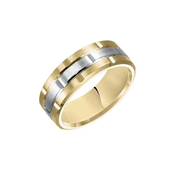 14K YG/ WG Flat Bezel Edge matrix-inspired Comfort Fit satin finish with vertical cuts Wedding Band The Ring Austin Round Rock, TX