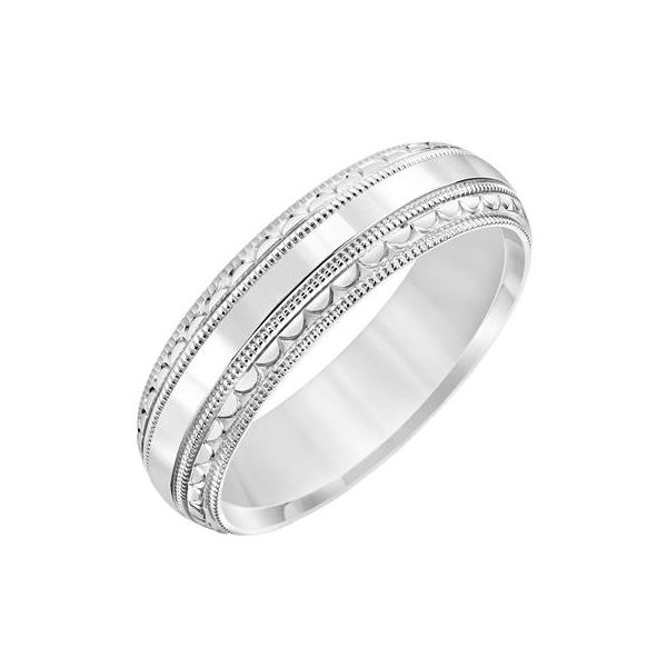 14K Gold CF Men's Wedding Band. High polish center with scalloped engraved edges. The Ring Austin Round Rock, TX