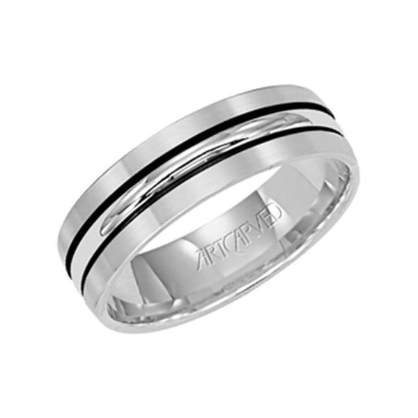 14K WG with modern black linear design, brushed finish and rolled edges Wedding Band The Ring Austin Round Rock, TX