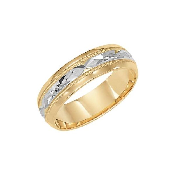 14K YG/WG Uniquely styled two-tone gold, Comfort Fit wedding band With bright polished cut design mil grain and round edges The Ring Austin Round Rock, TX