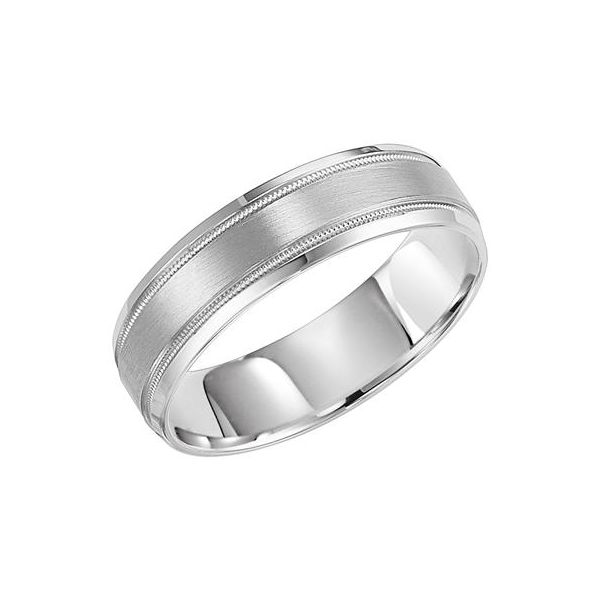 14K WG Flat Bevel Edge Carved Brushed Center with Mil grain Edges Wedding Band The Ring Austin Round Rock, TX
