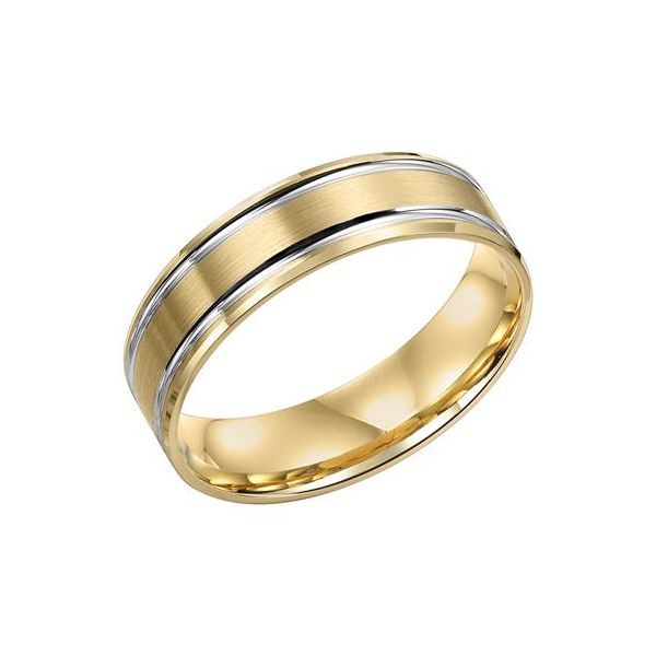14k YG/WG Rhodium two-tone gold, brushed finish with contrasting channels and a stepped edge Comfort Fit wedding band The Ring Austin Round Rock, TX
