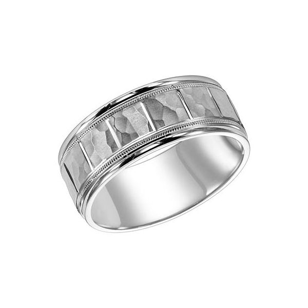 14K WG Flat Round, Comfort Fit, Hammered Center Satin Finish With Vertical Cuts and Mil Grain Wedding Band The Ring Austin Round Rock, TX