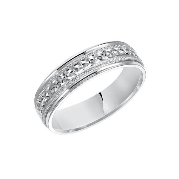 14K WG Low Dome Round Edge, Comfort Fit. Eye Catching Carved Wedding Band The Ring Austin Round Rock, TX