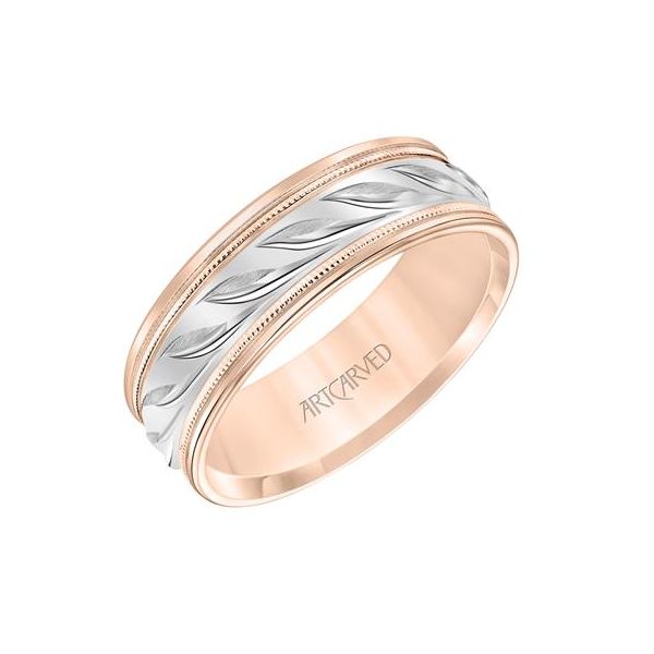 14K RG/WG Low Dome Round Edge, Leaf Like Engraved with Mil grain Wedding Band The Ring Austin Round Rock, TX