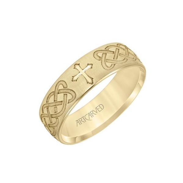 14K YG Low Dome Step Edge Cross and Scroll Detail Wedding Band The Ring Austin Round Rock, TX