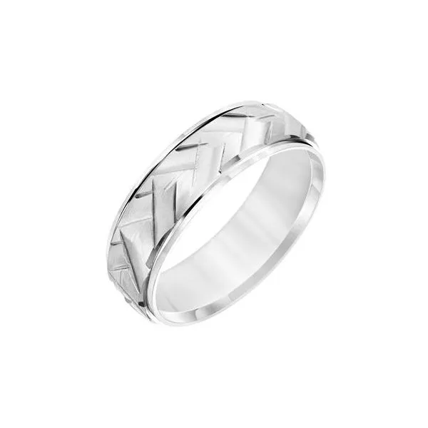14K WG Low Dome Round Edge Engraved Diagonal Lines Wedding Band The Ring Austin Round Rock, TX