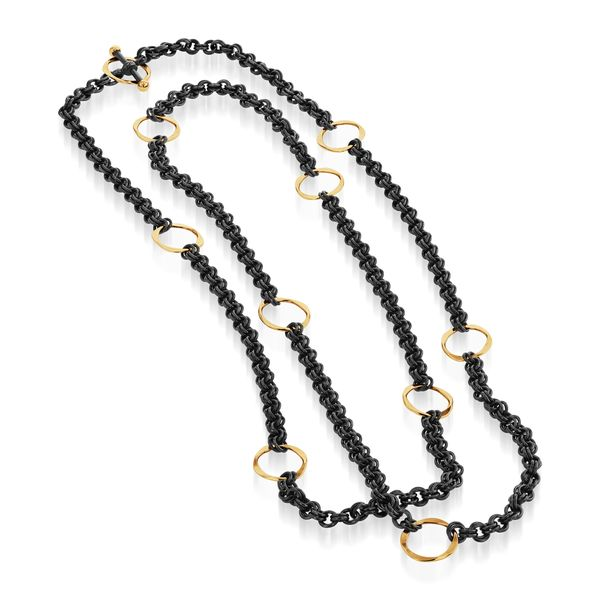 Oxidized Sterling Silver and 14K Yellow Gold Chain Necklace With Toggle Clasp The Ring Austin Round Rock, TX