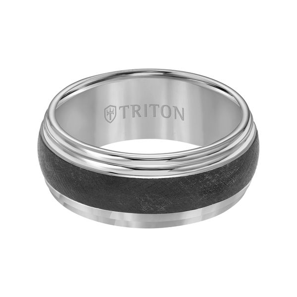 9MM Black and White Domed Double Step Edge Tungsten Carbide Comfort Fit Band with Florentine Finish Center Image 2 The Ring Austin Round Rock, TX