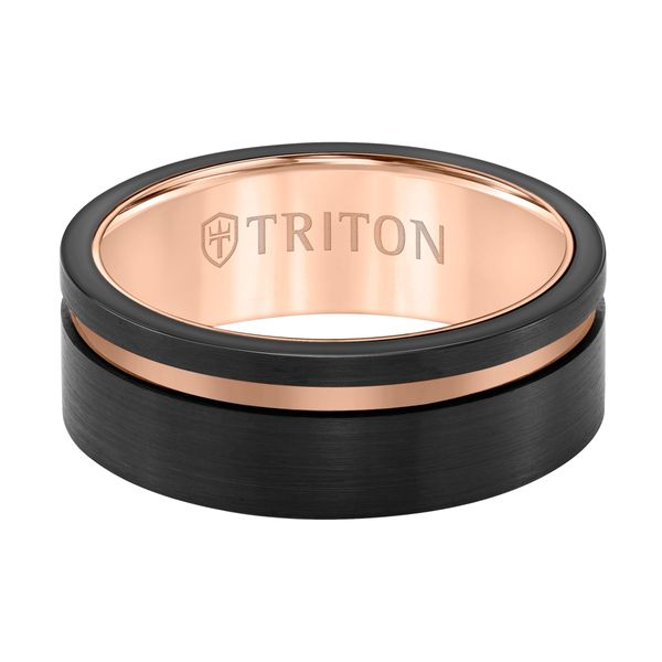 8mm Black Tungsten Carbide Ring with Satin Finish and Asymmetrical Rose Gold Cut Image 2 The Ring Austin Round Rock, TX