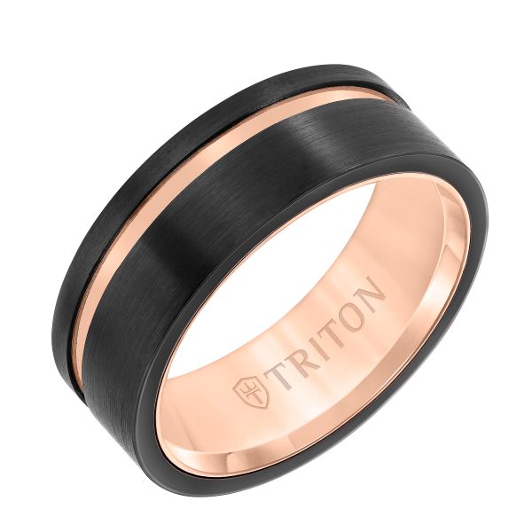 8mm Black Tungsten Carbide Ring with Satin Finish and Asymmetrical Rose Gold Cut The Ring Austin Round Rock, TX