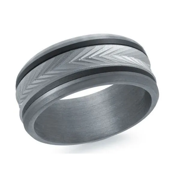 Grey Tantalum Inside/Outer Edges With Matte Black Lines And 14K WG Chevron Pattern Center Wedding Band The Ring Austin Round Rock, TX