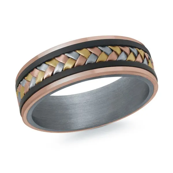 Grey Tantalum Inside With 14K Rose Gold Edges Matte Black Lines And RG/WG/YG Woven Center Wedding Band The Ring Austin Round Rock, TX