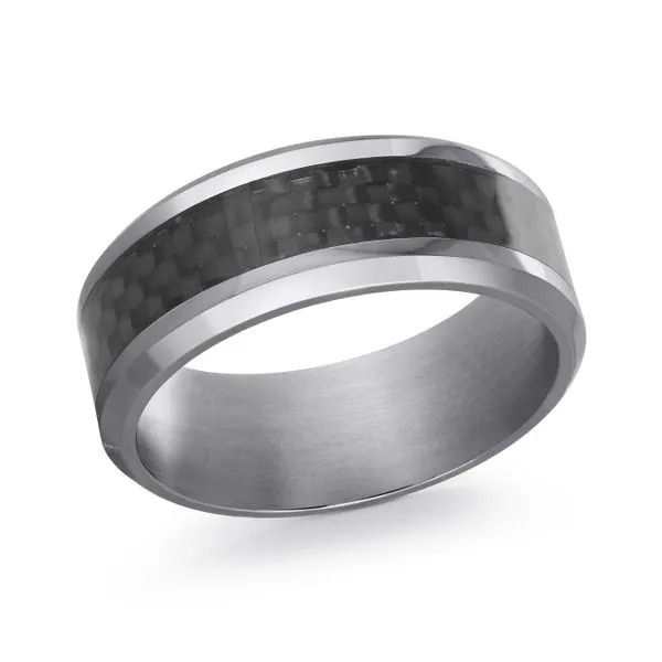 Grey Tantalum With Polished Beveled Edge And Black Carbon Fiber Inlay Wedding Band Ring Size 10 The Ring Austin Round Rock, TX