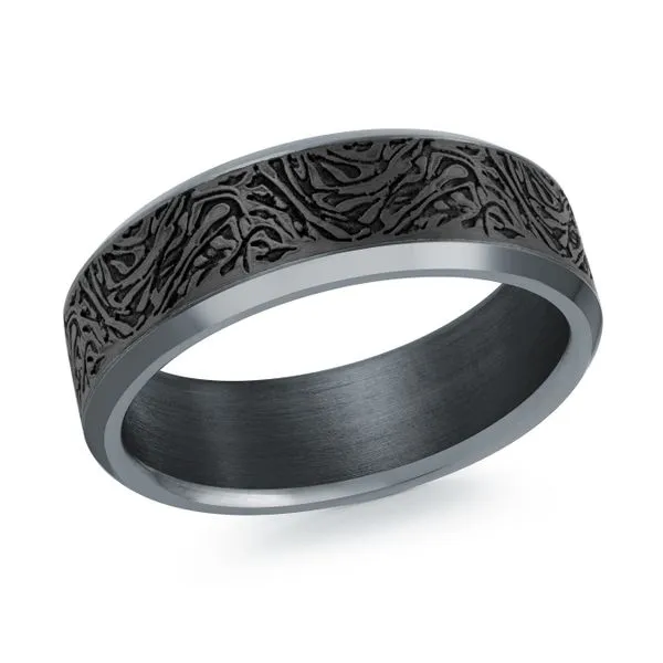 Grey Tantalum Inside/Outside Polished Beveled Edges Black Carbon Fiber Laser Engraving Outside Wedding Band The Ring Austin Round Rock, TX