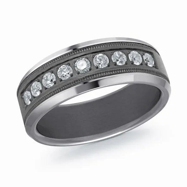 1/2CTW Grey Tantalum Inside/Outside Polished Edges With Black Center Mill Grain And 9 Round White Diamonds Wedding Band The Ring Austin Round Rock, TX