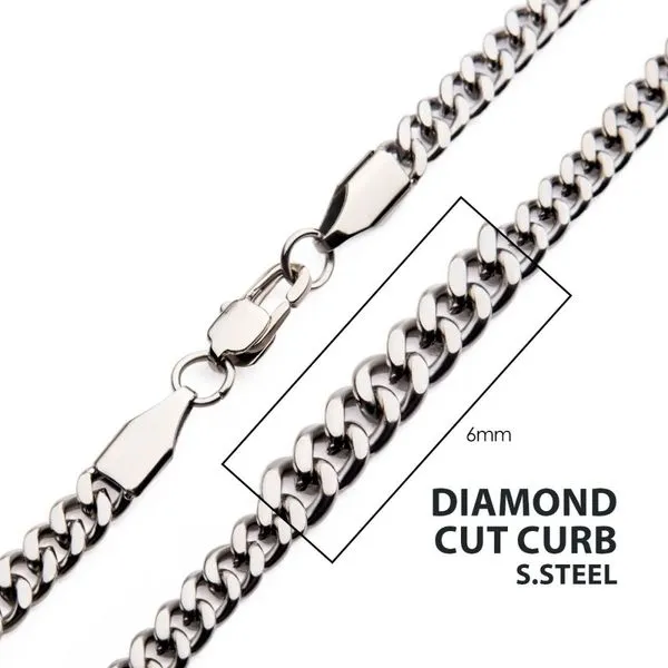 Stainless Steel 6mm Diamond Cut Curb Chain Necklace With Lobster Clasp Length 22