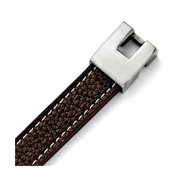 Men's Stainless Steel Polished Brown Leather Bracelet The Ring Austin Round Rock, TX