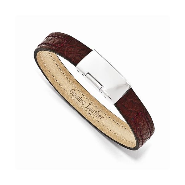 Men's Stainless Steel Polished Textured Burgundy Leather Bracelet The Ring Austin Round Rock, TX