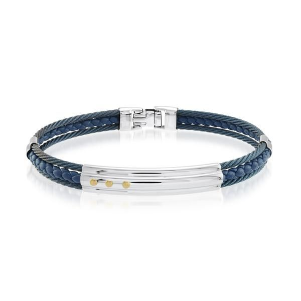 18kt YG Navy Steel 3 Row Blue leather Cable Bracelet The Ring Austin Round Rock, TX