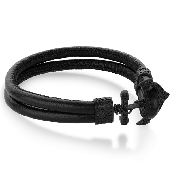 Matte Black Steel and Black Leather Bracelet with Anchor Clasp The Ring Austin Round Rock, TX