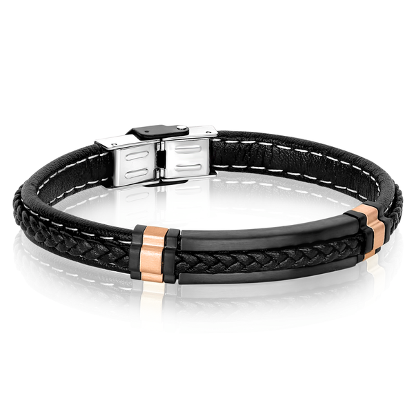 Black Leather Bracelet with Black and Rose Gold Steel Plate The Ring Austin Round Rock, TX