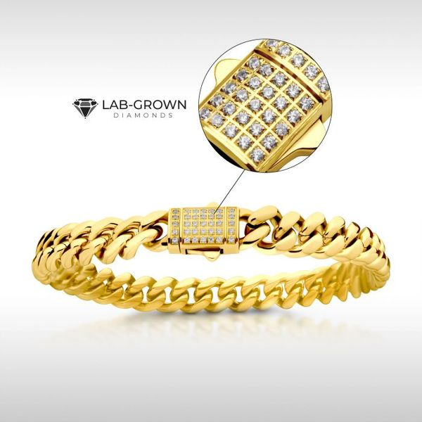 Stainless Steel Gold Plated Cuban Bracelet with Lab Grown Diamonds On Box Clasp The Ring Austin Round Rock, TX