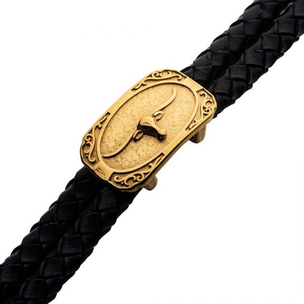 Black Double Strand Leather Bracelet With Gold Longhorn Image 2 The Ring Austin Round Rock, TX