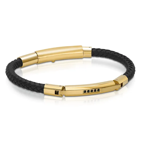 Stainless Steel Yellow Gold Plated With Black Leather and Black CZ The Ring Austin Round Rock, TX