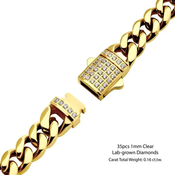 Stainless Steel 18K Gold IP Double Tab Box Clasp With Lab Grown Diamonds Miami Cuban Chain Bracelet Image 2 The Ring Austin Round Rock, TX