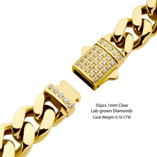 Stainless Steel 18K Gold IP Double Tab Box Clasp With Lab Grown Diamonds Miami Cuban Chain Bracelet Image 3 The Ring Austin Round Rock, TX