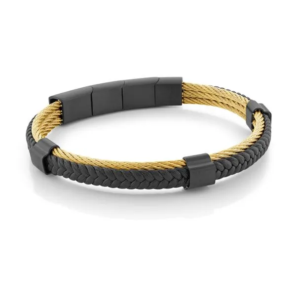 Yellow Gold Ion Plated Cable 2 Way Clasp Black Leather Bracelet The Ring Austin Round Rock, TX